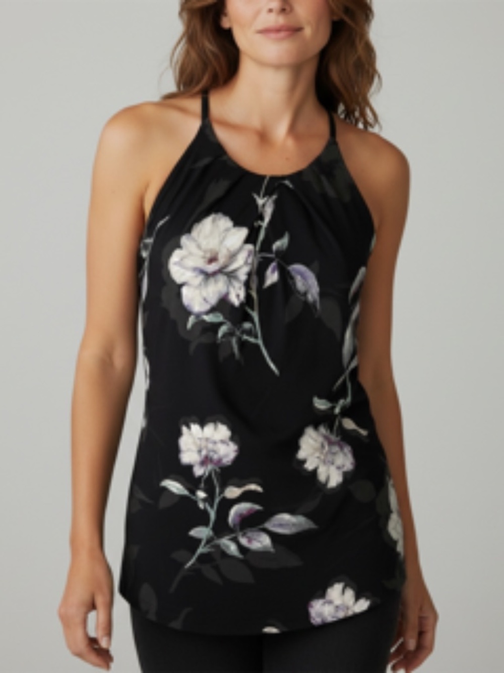 WHBM Floral Sleeveless Pleated Neckline Keyhole Back Fully Lined Top Size S